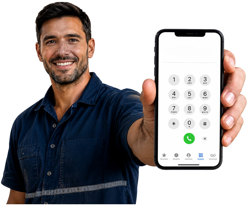 Rodd Point Blocked Drains plumber holding a phone — call 1300 261 965