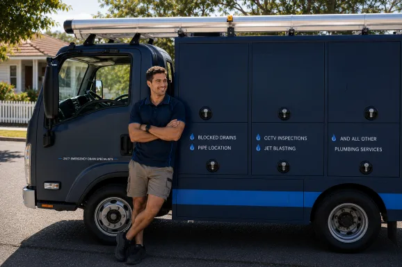 Plumber standing beside a service van in Rodd Point
