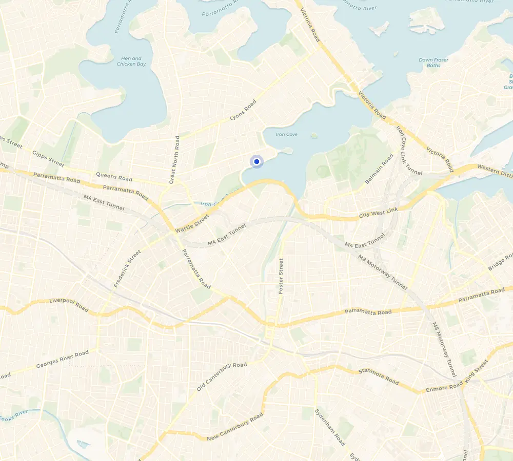 Map of the Rodd Point service area and the surrounding Inner West, showing Rodd Point and the nearby streets we cover.