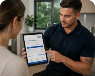 Plumber showing a Rodd Point customer the quote on a tablet
