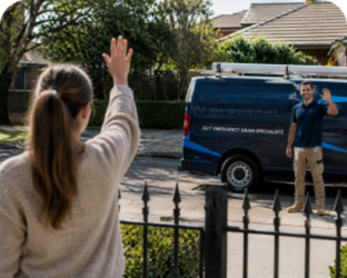 Customer waving goodbye to a Rodd Point Blocked Drains plumber